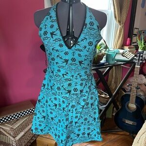 Too Fast Turquoise and Black Nautical Print Halter